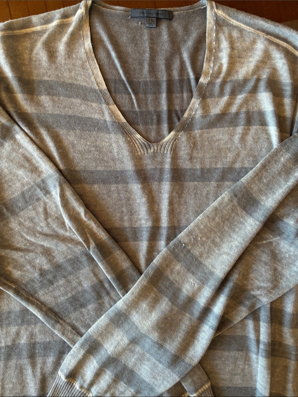 John Varvatos Men’s V-Neck Striped Sweater - Gray and Taupe